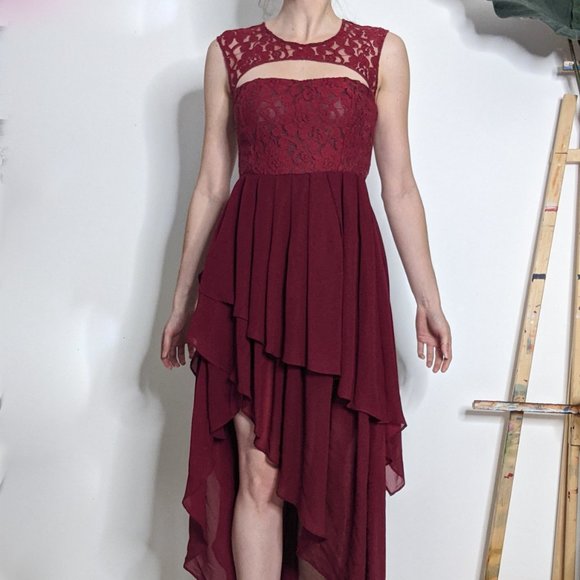 Red Lace Ruffle Asymmetric Maxi Dress - Picture 6 of 6